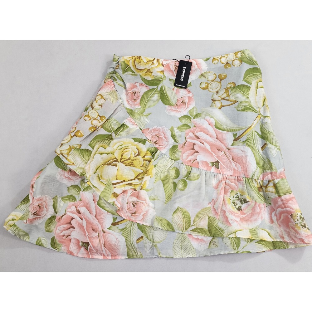 Express Womens Floral Mini Skirt Size 2 Green Pink Ruffle Side Zip 07652176 NEW